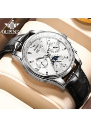 OUPINKE Men's Mechanical Watch Luxury Brand Automatic Watch for Men Leather Sapphire Waterproof Sport Moon Phase Wristwatch