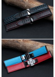 Replacement watch strap, 20mm, 22mm, real cowhide leather, handmade, black, red, blue, double push buckle