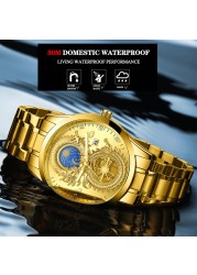 FNGEEN Mens Watches Luxury Brand Chinese Golden Dragon Quartz Watch Diamond Dial Stainless Steel Watch Male Relogio Masculin