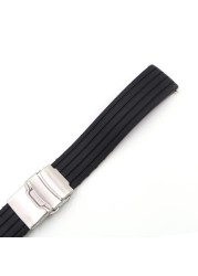 Black Silicone Rubber Watch Strap, Water Resistant, Straight End, Double Push, Stainless Steel Buckle, 18 20 22 24mm