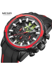 MEGIR Quartz Watches Men Silicone Strap Chronograph Analog Wristwatch Luminous Hands Auto Date Waterproof Military Sport Watch