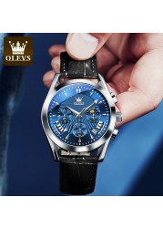 OLEVS Luxury Watch Men's Multifunctional Quartz Watch Business Style Leather Strap Waterproof Mens Calendar Chronograph Watch