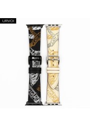 URVOI Printed One Round for Apple Watch Series 7 6 SE 5 4 3 2 Band Swift Leather Strap for iWatch 41 45mm Handmade Wristwatches 2020