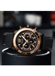 MEGIR Silicone Strap Milliari Sport Watches Men Waterproof Luminous Chronograph Quartz Watch Man Brown Reloj Relogio Watches