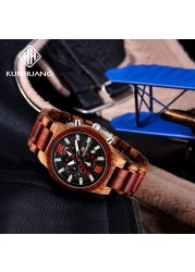 KUNHUANG Top Luxury Wooden Watches Men Sport Chrono Quartz Watches Men Date Luminous Wooden Watch Man Relogio Masculino