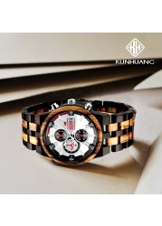 Kunhuang Men's Luxury Brand Personality Sports Mens Wooden Watches Quartz Clock Men Multifunctional Wooden Watch Relogio masculino