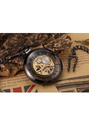 Luxury Black Pocket Watch Vintage Hand Wind Mechanical Steampunk Men Watches Roman Numerals Clock With Fob Chain Reloj Hombre
