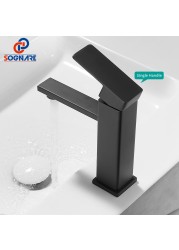 SOGANRE Basin Bathroom Sink Faucet Deck Mounted Hot Cold Water Basin Mixer Taps Matte Black Lavatory Sink Faucet Lever