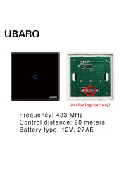 UBARO 86*86mm 433 RF Wireless Transmitter Controller Panel Tempered Glass Remote Manuel Button Without Battery 1/2/3 Gang