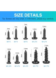 500/1000pcs/set M1 M1.2 M1.4 M1.7 Mix Pa Philips Head Micro Screws Round Head Self Tapping Electronic Small Wood Screws Kit