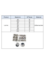 Assortment of nylon lock nuts, self-locking hex nuts, hex nuts, 304 stainless steel