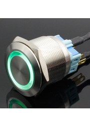 25mm 6V 12V 24V 220V Blue Ring LED Light Momentary/Lock Push Button Switch DPST Metal Industrial Boat Car DIY Switch