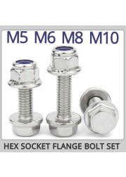 External Hex Bolt M5 M6 M8 M10 304 Stainless Steel Outer Hexagon Flange Screw Anti Slip Flange Nylon Locknut Combination Set