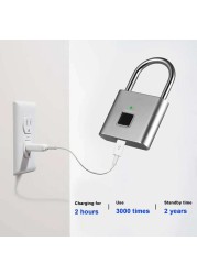 Silver Keyless USB Rechargeable Fingerprint Door Lock Smart Lock Quick Unlock Zinc Alloy Metal Self Developing Chip