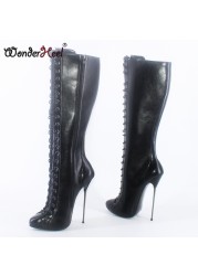 Wonderham 2021 new 16cm ultra-thin heel extreme high heels matte leather sexy wonder girls nightclub lace up knee high boots