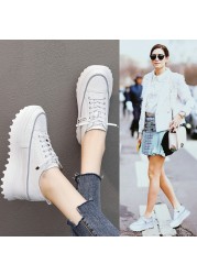 Fujin 5.5cm Genuine Leather Platform Chunky Wedge Shoes Sneaker White Casual Shoes Comfortable Breathable Spring Autumn Shoes