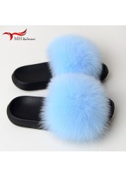 Real Fox Fur Slippers Women Summer Indoor Fluffy Flat Raccoon Fur Slides Outdoor Fashion Casual Beach Shoes Plus Size Shoes