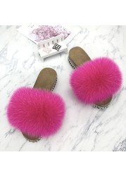 Fur Slides Summer Rivets Platform Sandals Ladies Sandals Outdoor Real Fur Ladies Heels Shoes 2021 New Fluffy Slippers Flip Flops