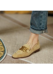 Women Shoes Genuine Leather Flats Loafers Round Toe Sheep Suede Metal Decor Slip On Shoes Ladies Comfortable Casual Shoes 2021 New