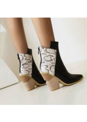 Colorblock Chunky Heel Ankle Boots PU Waterproof Women's Boots Pointed Toe Martin Boots Snake Print High Heel Shoes Fashion