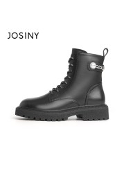 JOSINY platform ankle boots for women warm boots martin pu leather botas zipper ladies shoes pearl decoration