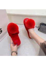 Women Fluffy Slippers 2021 Women's Fur Ball Flip Flops Non-slip Indoor Plush Floor Flat Slippers Open Toe Casual Cotton Slippers