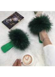 Summer Women Slippers Cotton Fabric Real Fur Flip Flops Fancy Sandals Ladies Faux Fur Slippers 2022 Home Shoes Woman