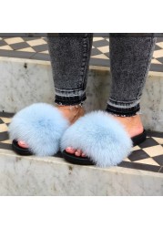 Women Fox Shoes Fur Slippers Real Fox Fur Slides Home Furry Flat Sandals Female Cute Wholesale House Shoes Woman Luxury Brand Ho