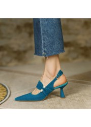 2022 Summer Women Shoes Sheep Suede Shoes Women Covered Toe Thin Heel Sandals Solid Slingback Women Shoes For Women Pearl Sandal