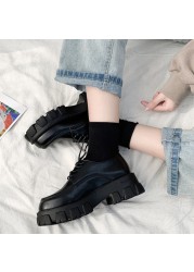 Rimocy black patent leather platform shoes women 2021 gothic lace up chunky heels woman japanese style student shoes female