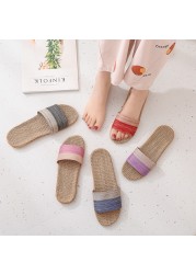 Women Linen Home Slippers Summer Casual Slides Beach Shoes Ladies Indoor Linen Slippers Bohemia Striped Flip Flops Sandals