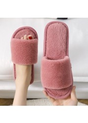 2021 Fashion Soft Fur Slippers Slides Home Indoor Floor Shoes Solid Volvi Slippers for Bedroom Open Toe Comfortable Shoes Women Gray