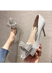 Rimocy 2022 Luxury Silver Crystal Bowknot Women Pumps Sexy Stiletto Heel Wedding Party Shoes Woman Pointed Toe Thin High Heels