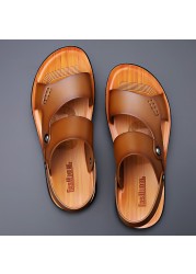 2022 summer new fashion men shoes vintage genuine leather non-slip beach slip-on sandals travel flip-flops black brown