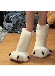 Women Creative Cute Plush Bear Paw White Long Tube Cotton Shoes Couple Indoor Winter Home Warm Cartoon Non-slip Fuzzy Slippers