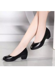 Pofulove Women's PU Leather Shoes Black Square Heels Pumps Office Ladies Shoes Zapatos De Mujer Fashion Design Sexy