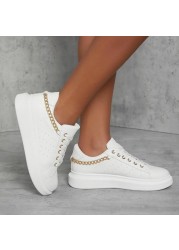 2021 autumn new sneakers women round head thick bottom front lace up big metal chain white single shoes