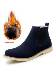 Chelsea Mens Boots 2021 Winter Fur Warm Ankle Blue Slip On Boots High Quality Genuine Leather Man Leisure Boots Male Botas