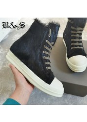 High quality black fur street leather custom PU lace-up boots