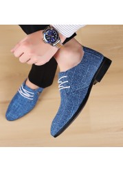 Men's classic business shoes man dress shoes fashion korea pointed toe lace-up formal wedding shoes men blue hemp 2021 new