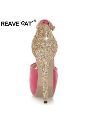 REAVE CAT-Women's High Heel Wedding Shoes, 13cm Stiletto Heeled Platform Buckle Shoes, Silver Color, Size 34-43