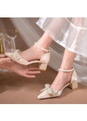 Rimocy Elegant Pointed Toe Crystal Bowtie Pumps Women Pearl Ankle Strap High Heels Shoes Woman White Slik Wedding Shoes Lady