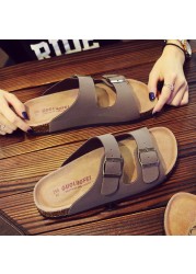 2021 New PU Leather Men's Mule Clogs Slippers High Quality Soft Cork Two Buckle Slides Shoes For Men Women Unisex 35-46