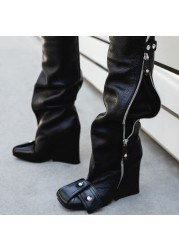 Knee High Boots Ladies Square Platform Fashion Heel Martin Boots Square Toe Slip-on Color Matching Mixed Color Buckle Rivet Boots