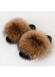 Fur Slippers Women Real Fox Fur Slides Fluffy Home Slippers Luxury Flip Flop with Fur Ladies Platform Sandals Summer Shoes Women