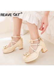 REAVE-Princess Lolita Shoes for Women, Square Heels, Wedding Shoes, Plus Size 48