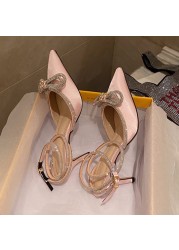 Sexy Pointed Toe Rhinestone Pumps Women Crystal Ankle Strap High Heels Sandals Female 2022 Summer Silk Satin Wedding Shoes Woman