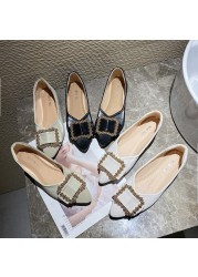 Spring new green pointed toe fashion square buckle design breathable lightweight casual shoes cute flat large size women's shoes