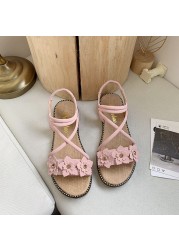 2021 summer ladies pink suede rhinestone flower elastic band platform sandals women ankle strap peep toe flat shoes size 35-39