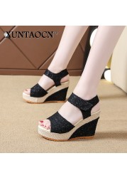 Women Sandals New Summer Fashion Lace Hollow Gladiator Wedges Shoes Woman Slides Peep Toe Hook & Loop Solid Lady Casual